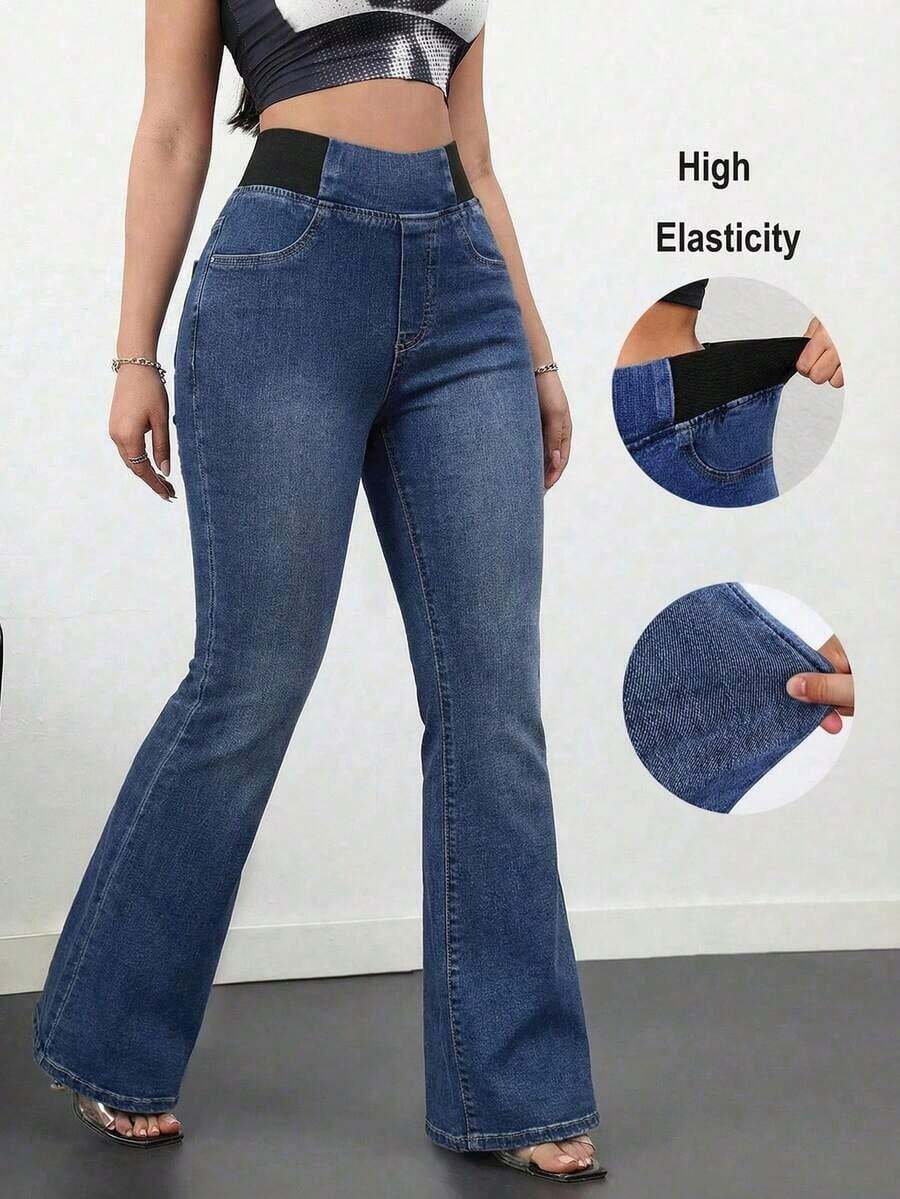 Tall Pantalones vaqueros de mujer casuales, ajustados y elásticos con vuelo, pantalones vaqueros azules ajustados de cintura alta con vuelo para mujeres altas, pantalones vaqueros de verano - Azul lavado medio 2 - Ver 1