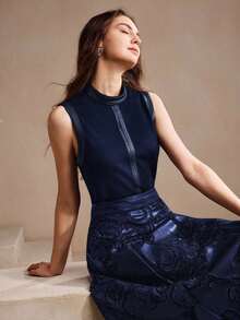Blusa sin mangas de cuello alto elegante y casual para mujer, adecuada para otoño/invierno, Año Nuevo - Azul marino - Ver 5