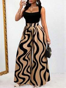 Mono elegante y sexy para mujer, diseño de cintura alta y pierna ancha desde el hombro hasta la cintura, estampado de rayas de color contrastante, estilo sin mangas para verano - Caqui - Ver 1