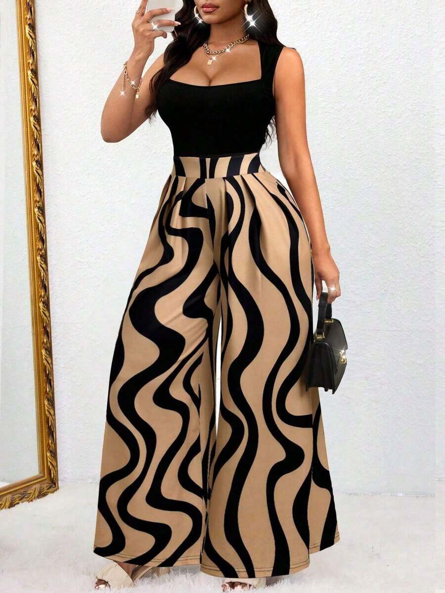 Mono elegante y sexy para mujer, diseño de cintura alta y pierna ancha desde el hombro hasta la cintura, estampado de rayas de color contrastante, estilo sin mangas para verano - Caqui - Ver 1
