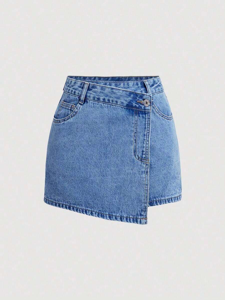 MOD Pantalones cortos de mezclilla sencillos y lisos para mujer, shorts vaqueros de verano - Azul lavado medio - Ver 1