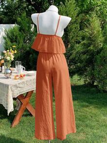 2 piezas de top de tirantes y pantalones de lino de verano para mujeres - Naranja Quemada - Ver 2