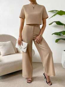Camisa crop unicolor & Pantalones de pierna ancha - Camel - Ver 4