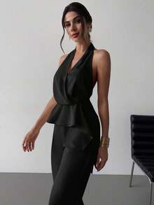 Conjunto de dos piezas de top sin mangas con cuello en V asimétrico elegante y romántico, y pantalones rectos holgados de color caqui, adecuado para verano, playa, vacaciones - Negro - Ver 4