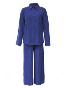 Cardigan casual con cuello polo ligero, blusa elegante de unicolor versátil adecuada para la playa, el diario, el trabajo, las compras, de tela suave, pantalones sueltos con cintura elástica, conjunto de 2 piezas, primavera/verano/otoño - Azul brillante - Ver 4