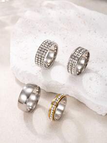 Set 4 Cincin Wanita Elegan dari Stainless Steel dengan Batu Zirkonia Kubik, Cocok untuk Pemakaian Sehari-hari dan Aksesori Acara Meriah - Perak - View 4