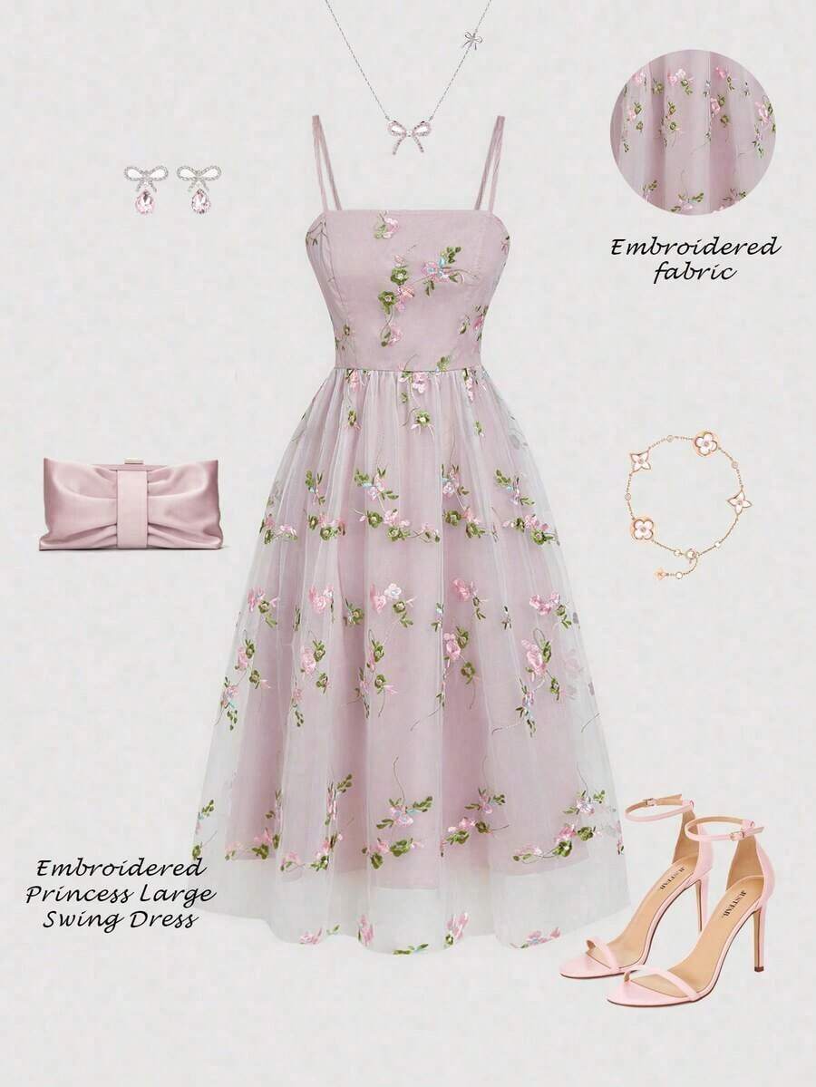 MOD Vestido de tirantes de malla con bordado floral para mujer - Rosa 4 - Ver 1