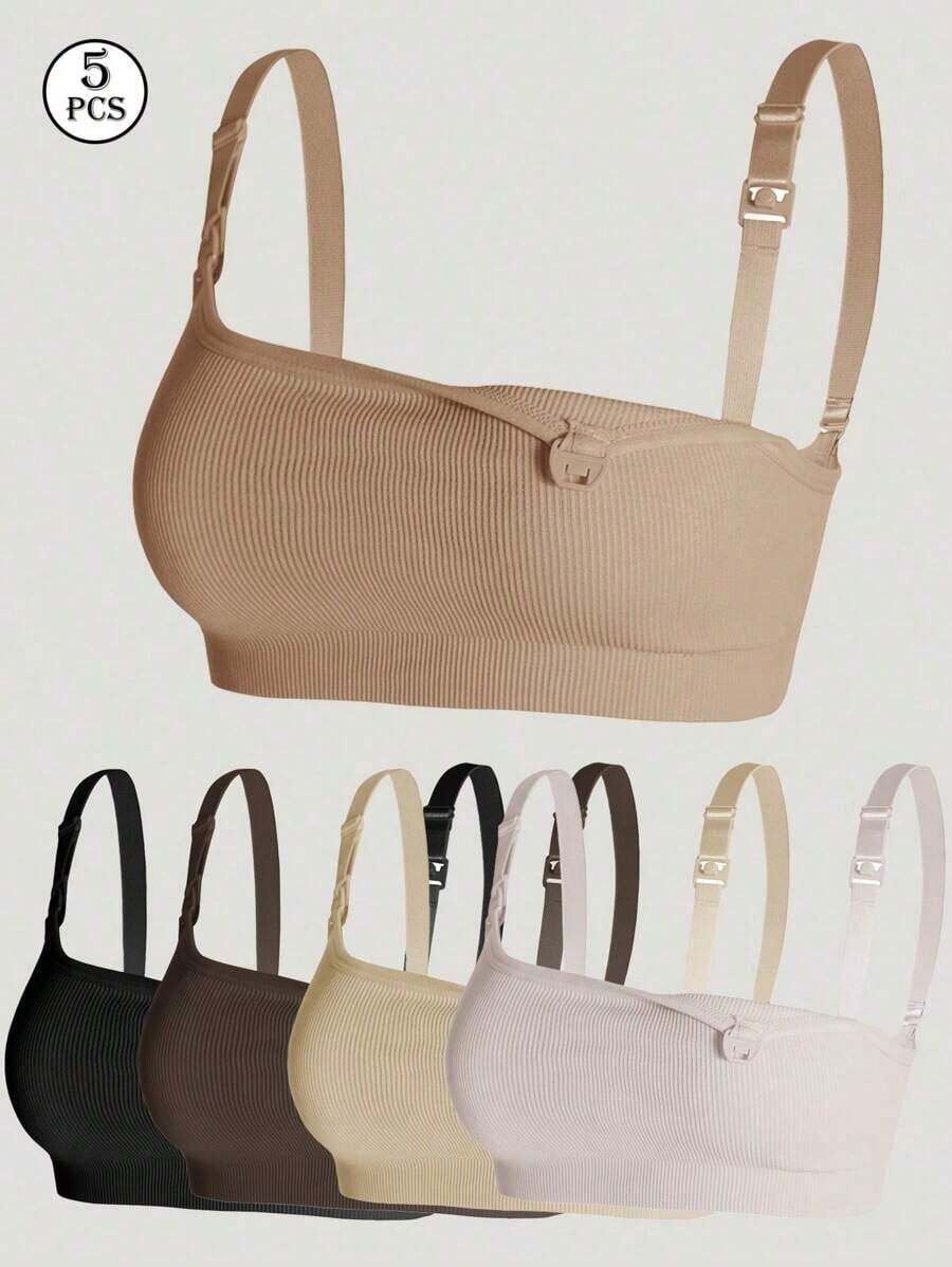 Set de 5 sujetadores de maternidad y lactancia, sujetador sin costuras cómodo con desabroche frontal, brasier de alimentación sexy minimalista de varios colores para el embarazo y el posparto - Multicolor 4 - Ver 1