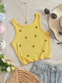 4 piezas Camiseta de mujer con cuello redondo bordada con pimiento picante y limón - Mostaza Amarilla 2 - Ver 3