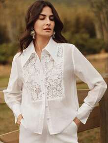 Blusa holgada con apliques de encaje en el cuello, ideal para ir de fiesta o salir - Blanco - Ver 5