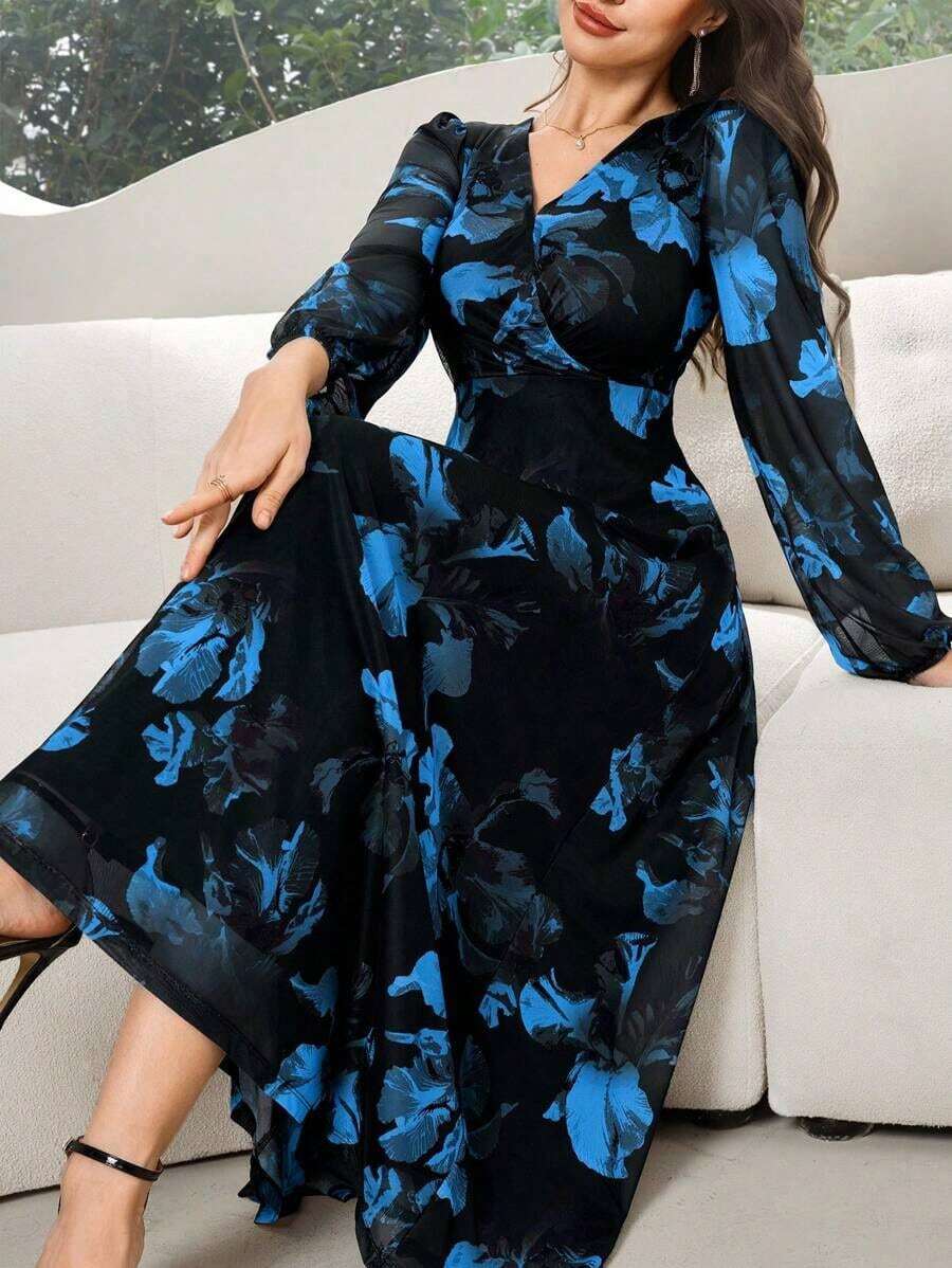 Vestido elegante de manga larga con cuello en V y estampado de bloques de color para mujer - Azul - Ver 1