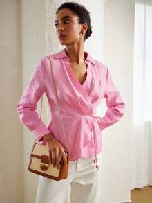 PREMIUM Blusa Envolvente Con Cinturón De Lino Puro Y Color Sólido - Rosa Fucsia - Ver 5
