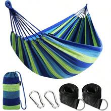 Hängematte Outdoor Baumwolle Bequemer Stoff mit Baumfreundlichen Gurten zum Aufhängen, Robuste Tragbare Hängematte mit Reisetasche für Garten, Indoor, Balkon, Terrasse, Camping - Blauer / Grüner Streifen - Übersicht 1