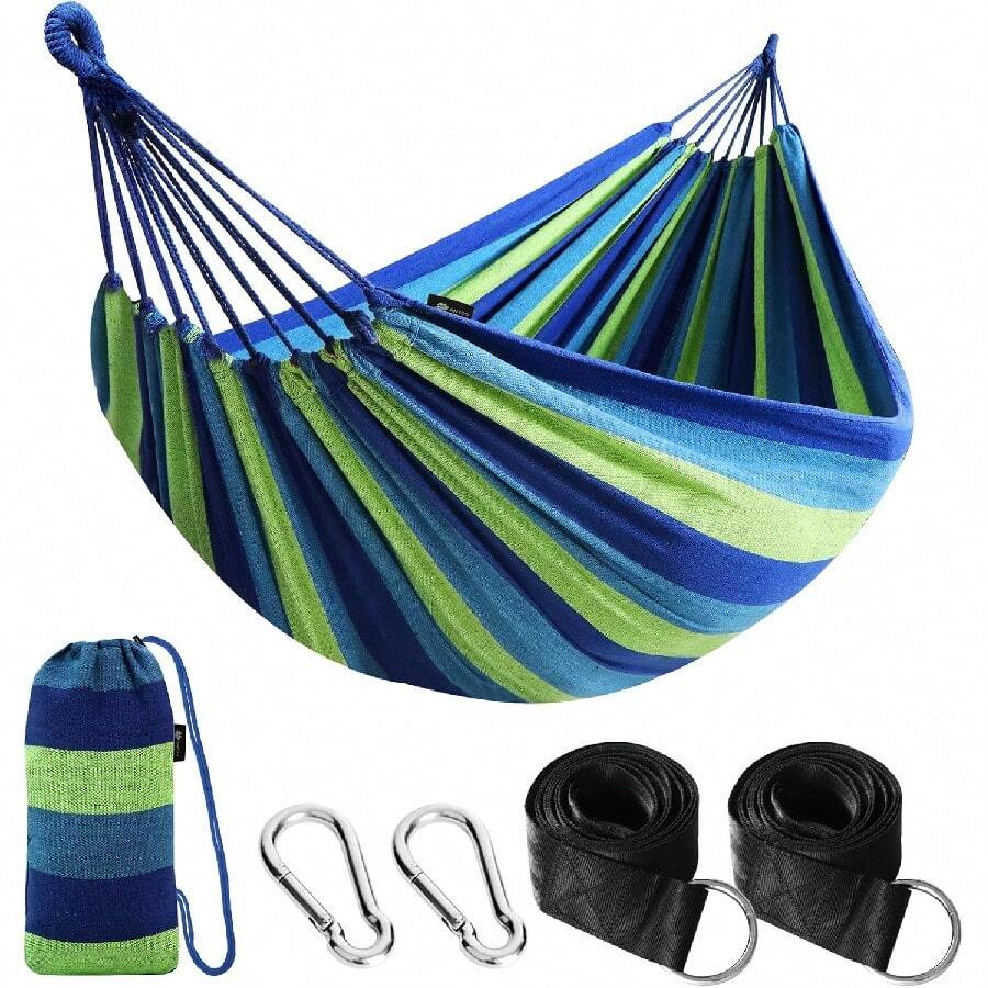Hängematte Outdoor Baumwolle Bequemer Stoff mit Baumfreundlichen Gurten zum Aufhängen, Robuste Tragbare Hängematte mit Reisetasche für Garten, Indoor, Balkon, Terrasse, Camping - Blauer / Grüner Streifen - Übersicht 1