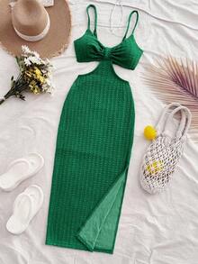 Camiseta de tirantes casual y sexy con recortes en la cintura, de tela con textura para vacaciones - Verde - Ver 7