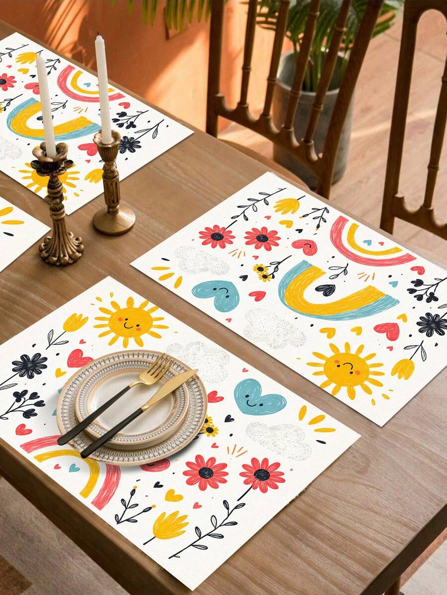 1pc Cartoon Style Linen Placemat, Breakfast Mat, Coffee Coaster, Bowl Pad, Kitchen Accessory, Easy To Clean Dining Mat, Suitable For Home, Restaurant, Dining Decor, Holiday Gift, Gift For Friends, Multi-Piece Set - Multicolor - View 1