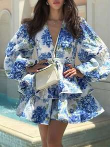 Vestido primavera 2026, cuello V con mangas abullonadas y volantes, elegante y moderno - Azul - Ver 7
