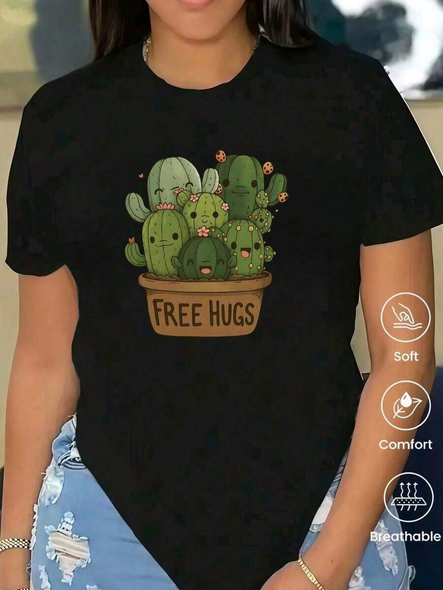 Camiseta de cuello redondo y mangas cortas de ropa fashion, fabricada enéxico, para la temporada primavera-verano 2025.Con estampado de dibujos animados, un modelo de pareja, apta para usar tanto por dentro como por fuera, para oficina y estilo casual, diseñpara hombres y mujeres, en unidad individual.blusas para mujer playeras de mujer blusas casuales para dama - Negro - Ver 1