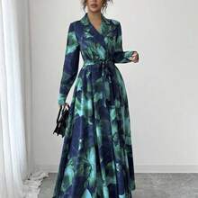 Women's Lapel NeckWaist Bowknot Floral Print Long Sleeve Dress Fall Cloth For Women - Rosa Fucsia - Ver 5