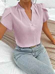Blusa de trabajo con cuello en pico y mangas de pétalo de color blanco para mujer, blusas de manga corta - Morado - Ver 5