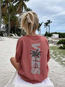 Women's Short-Sleeved T-Shirt With A Round Neck And Minimalist Palm Tree Print. Simple And Versatile, Suitable For Everyday Wear And Vacations. Printed T-Shirt, Women's, White, Black, Pink, Summer Vacation - 磚紅色 - 查看 7