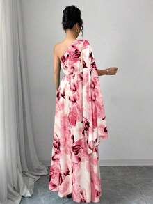 Vestido elegante de talle alto con hombro asimétrico, abertura lateral y estampado aleatorio, estilo fashionable para vacaciones - Rosa - Ver 2