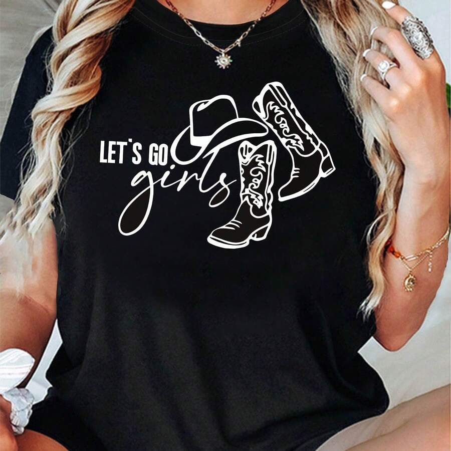 Camiseta de manga corta informal con cuello redondo y estampado gráfico de sombrero y botas de vaquera "Let's Go Girls" para mujer.