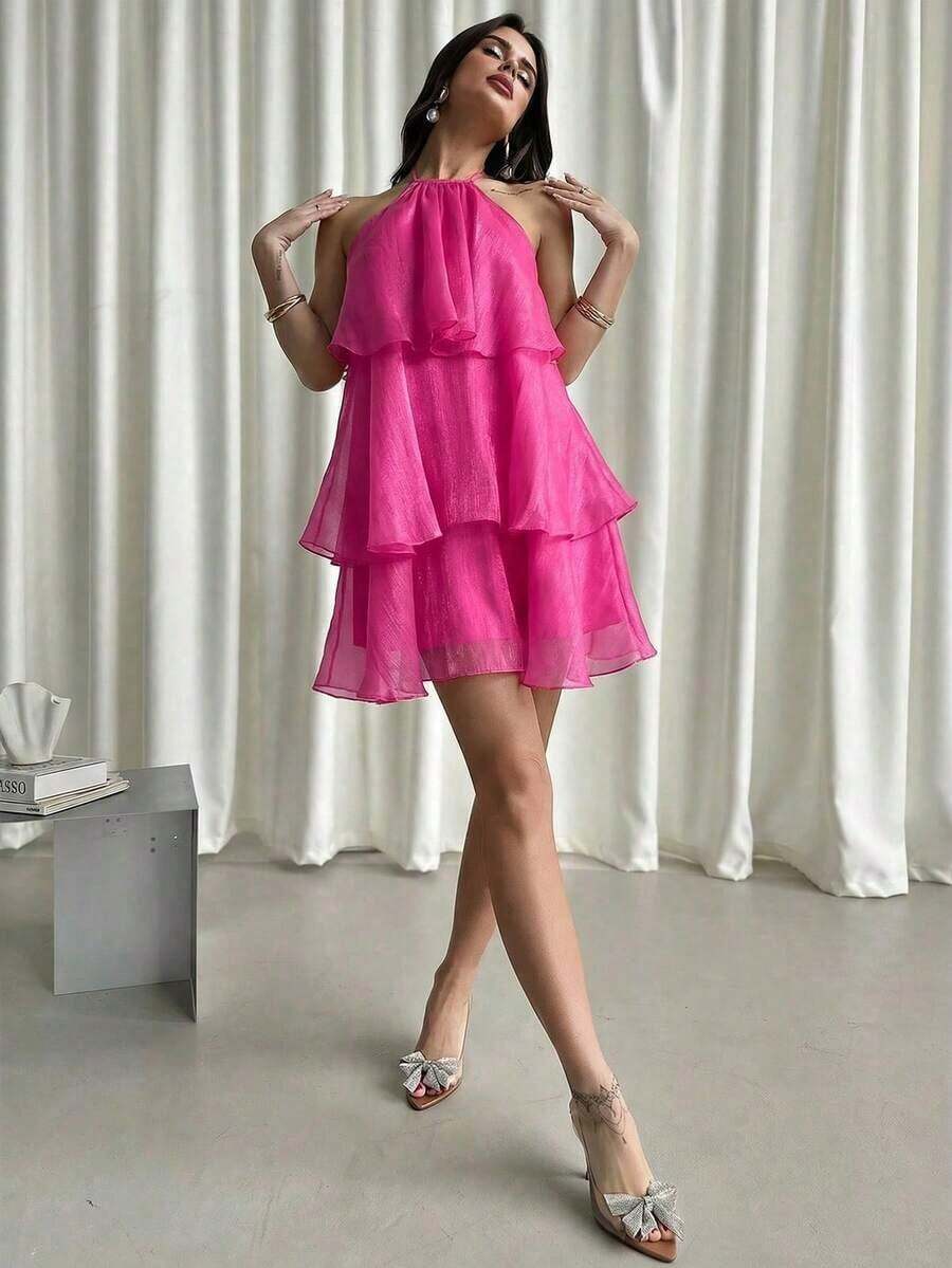 Vestido de vuelo con cuello halter, espalda descubierta y dobladillo con volantes de organza blanco, elegante y romántico para el Día de San Valentín - Vestido de muñeca de fantasía - Rosa Fucsia - Ver 1