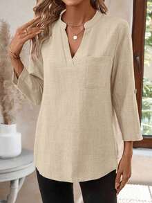 Blouse With Fitted Neckline And 3/4 Sleeves With Print, Work Shirt For Spring - 白色的 - 查看 10