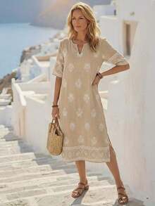 Women's Retro Print Mid-Length Casual Dress, Suitable For All Seasons, Stylish Vacation Outfits For Women, Floral Dresses, Spring Dresses For Women, Summer Outfits, Beach Outfits For Women, Casual - Pearl White - 查看 5