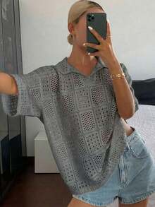 Women's Short-Sleeved Polo Shirt, Loose Fit, Textured And Openwork Fabric, For Summer - 淺灰色 - 查看 2