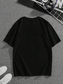 Camiseta de manga corta para niños con estampado de cabeza de lobo, con diseño geométrico realista de cabeza de lobo con ojos azules, de corte holgado y cuello redondo, casual y cómoda, adecuada para uso diario, escuela y transporte - Negro - Ver 3
