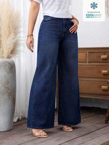 Jeans de uso diario simples de unicolor para mujer - Azul lavado oscuro - Ver 3