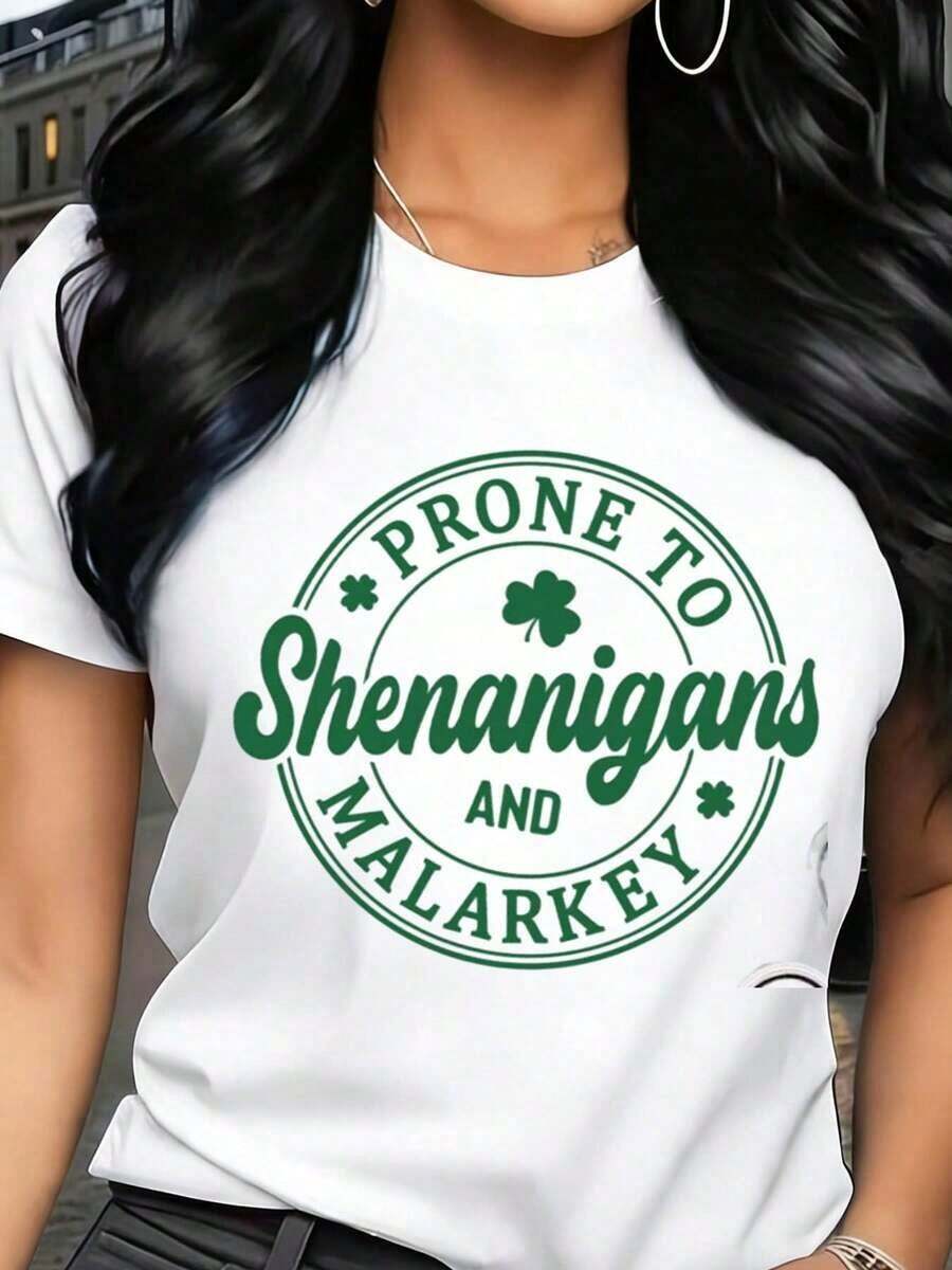 Printed T-Shirts For Women, Plus-Size Urban Style Tops, Comfortable And Stylish Summer Tees That Go With Everything. Women's T-Shirt With St. Patrick's Day Print And Text, Crew Neck, Short Sleeves, Casual Style For Parties And Festivals. - 白色 - 查看 1