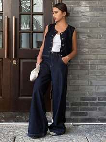Conjunto de 2 piezas de chaleco y pantalones vaqueros casuales para mujer, minimalista y de moda para el uso diario - Azul lavado oscuro 2 - Ver 1