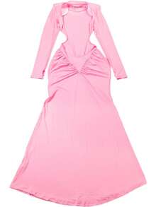 Vestido largo liso cuello alto verano 2025, ajustado elegante con espalda descubierta estilo moda - Rosa - Ver 8