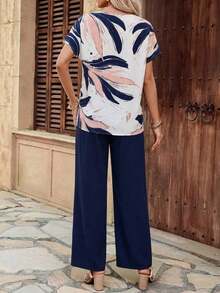 2 piezas Conjunto casual de mujer con pantalones rectos de cuello redondo y manga corta en colores contrastantes con estampado ditsy floral, para primavera/verano - Multicolor - Ver 2