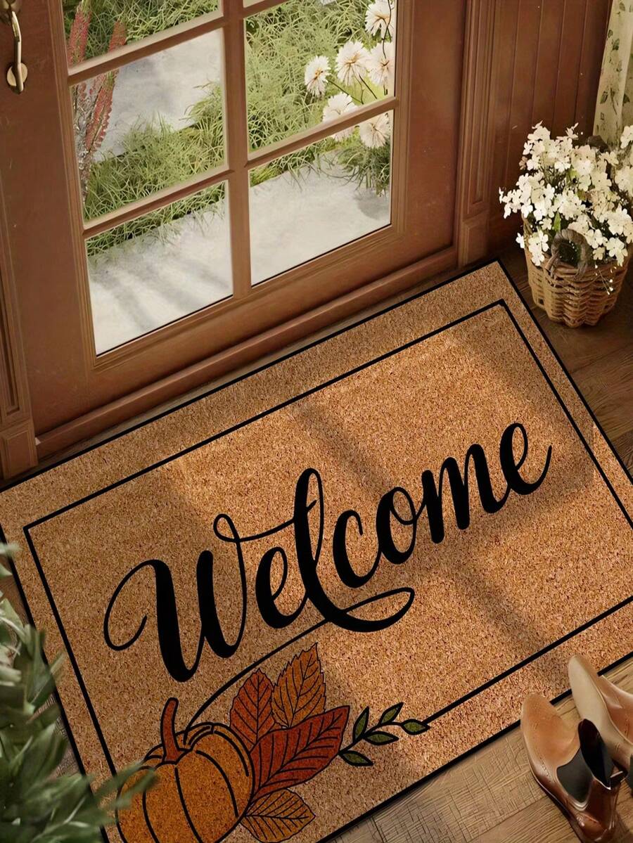 1pc Interesting Autumn Harvest Festival Maple Leaf & Pumpkin Welcome Pattern Crystal Velvet Doormat, Machine Washable, Suitable For Kitchen, Dining Room, Hallway, Bedroom, Party, Yard Decor, Great Gift And Home Atmosphere Creation, Autumn Decoration - A - View 1