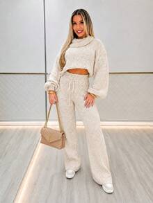 Women's Stylish Cropped Mousse Knit Set With High Neck And Ribbed Wide-Leg Pants - Exclusive - Papyrus - View 2