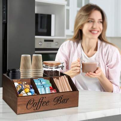 Organizador de Estación de Café para Encimera - Estante de Barra de Café, Soporte de Almacenamiento de Madera de 5 Compartimentos para Tazas, Tapas, Cápsulas, Jarabes, Accesorios de Estación de Café, Cesta de Almacenamiento de Té, Organizador de Condimentos para Cocina, Oficina, Barra, Decoración de Estación de Té