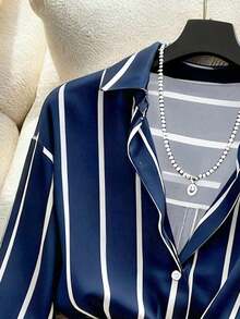 Camisa a rayas y falda pantalón plisada asimétrica, elegante conjunto de 2 piezas para mujer - Azul marino - Ver 3