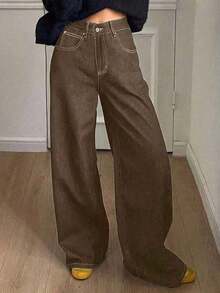 Jeans casuales de mujer de pierna ancha, unicolor, con bolsillo cargo suelto - Café integral - Ver 2