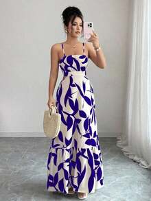 Vestido largo elegante de mujer con estampado y cintura ceñida - Multicolor 10 - Ver 7