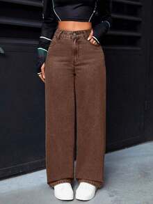 PETITE Jeans rectos de pierna suelta y lavados para mujer - Café integral - Ver 2