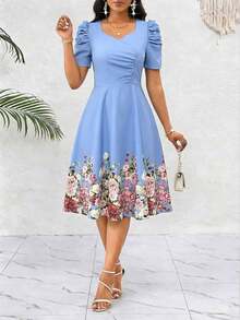 YHHSHEIN Lady Vestido de cambio con cuello de corazón con volantes y estampado floral azul eleganteYHH - Púrpura malva - Ver 9