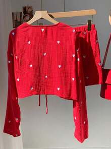 Conjunto de top de manga larga y pantalones cortos con estampado de corazones rojos y blancos, conjunto de Navidad para mujer - Rojo y blanco - Ver 2