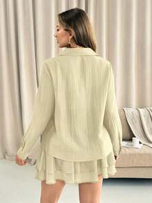 Conjunto de 2 piezas de camisa de unicolor y falda plisada de estilo francés casual, talla grande, para otoño/invierno - Albaricoque - Ver 2