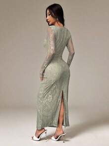 PETITE Vestido maxi negro ajustado de cuello cuadrado con copa de pecho, mangas largas de encaje con forma de S y escote sexy para fiesta de verano, cita y noche - Verde Gris - Ver 9