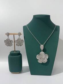 Bộ trang sức 2 món hình giọt nước đính đá Zirconia trắng: Dây chuyền và bông tai, phụ kiện váy cưới, phong cách Trung Đông Dubai, quà tặng ngày Valentine. - Bạc - Xem 5