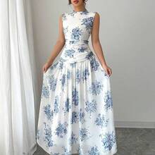 Women's Elegant Floral Print Ruched Waist Sleeveless Casual Dress - Rosa Fucsia - Ver 6
